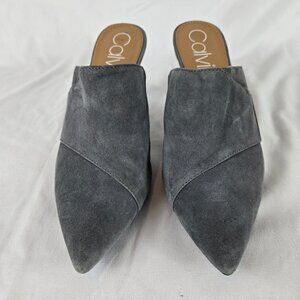 Calvin Klein Sz 8 Grecia Blue Gray Pointed Toe Mule Stiletto Heel Suede Leather